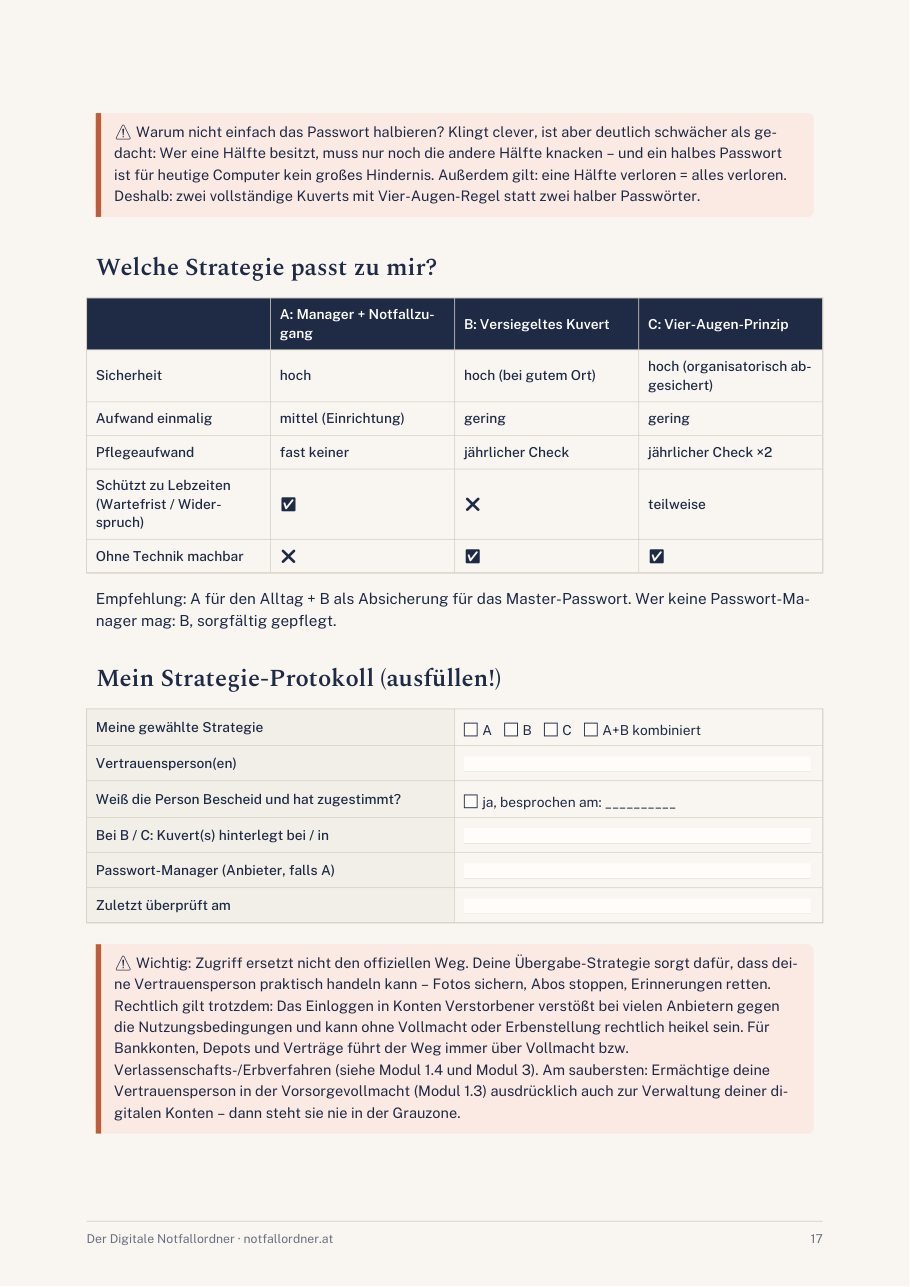 Vergleichstabelle der drei Übergabe-Strategien für Passwörter