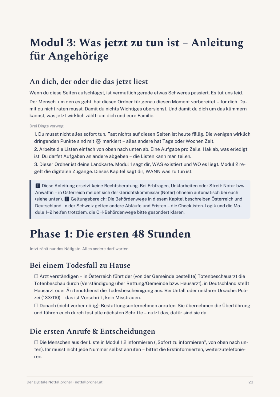 Anleitung für Angehörige: die ersten 48 Stunden