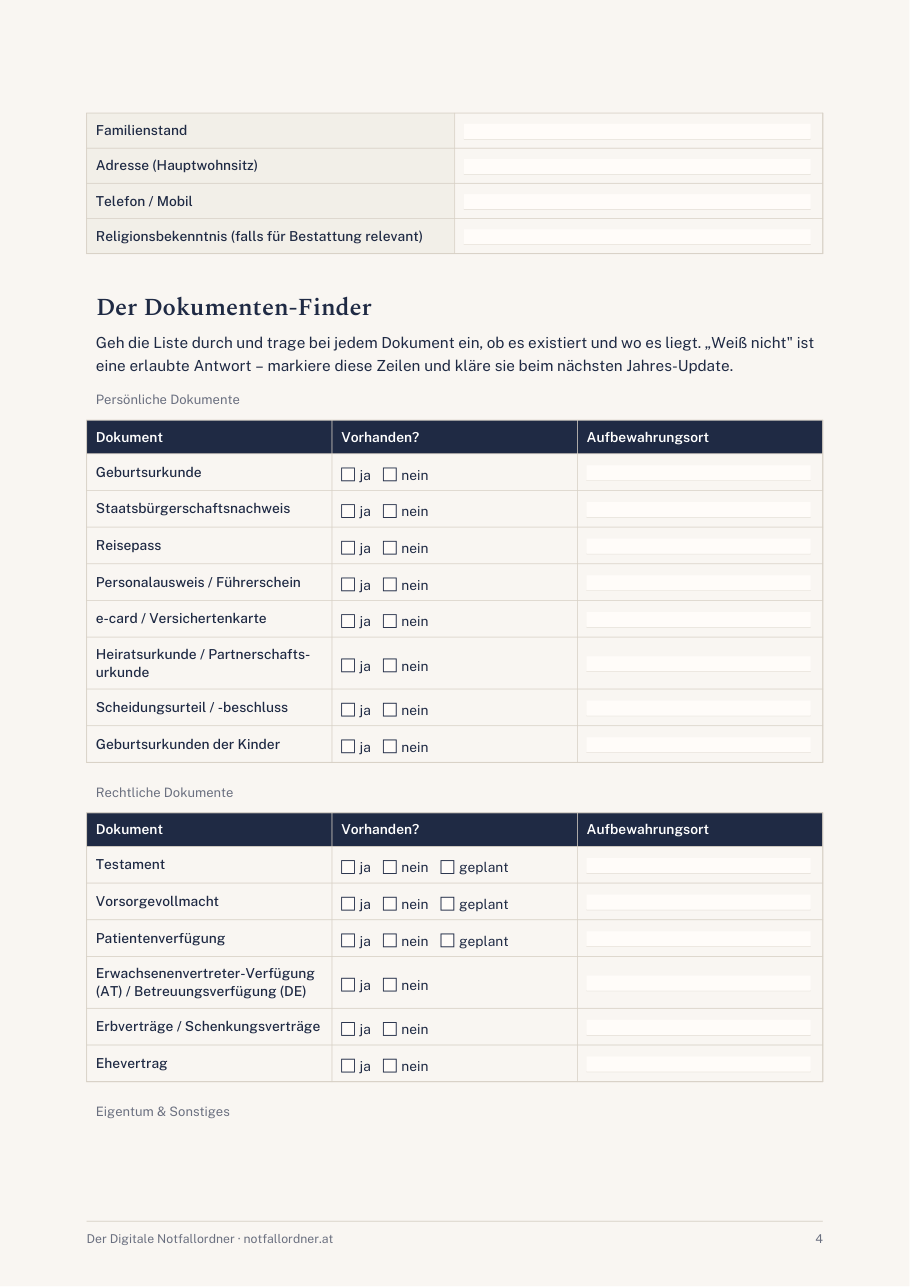 Formularseite Dokumenten-Finder mit Ankreuzfeldern und Aufbewahrungsort